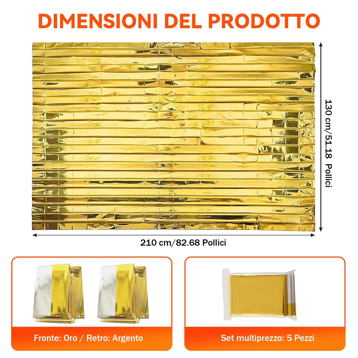 5 Pezzi Coperta Termica di Emergenza 210x160 cm – Telo Isotermico Oro/Argento, Impermeabile e Riutilizzabile per Sopravvivenza, Outdoor, Escursioni e Protezione dal Freddo e dalla Pioggia