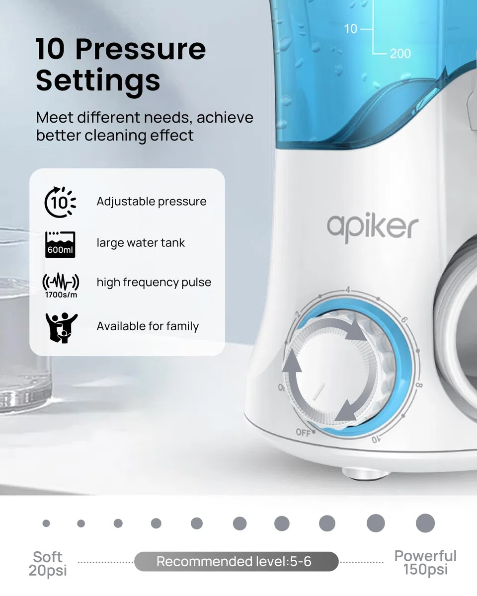 Apiker Idropulsore Dentale Professionale 600ml Irrigatore Dentale con 10 Impostazioni per Pressione dell’Acqua e 8 Beccucci Multifunzione Water Flosser IPX7 Cura Famiglia e Viaggi, Bianco