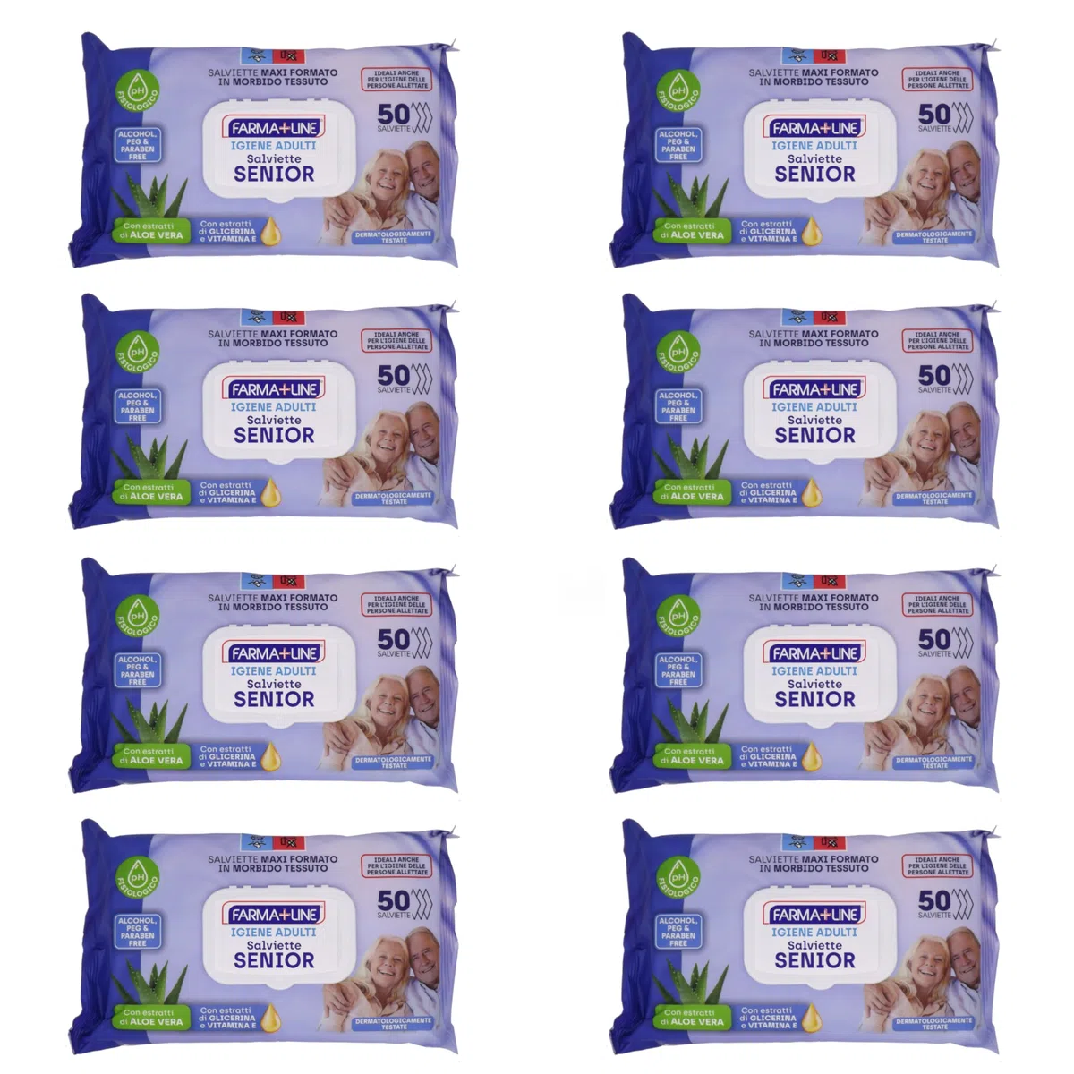 Salviette Senior Igiene Adulti Maxi 20 x 28 cm, 400 pz (8 confezioni da 50 salviette) Aloe Vera, Glicerina e Vitamina E, Senza Alcool, pH Fisiologico