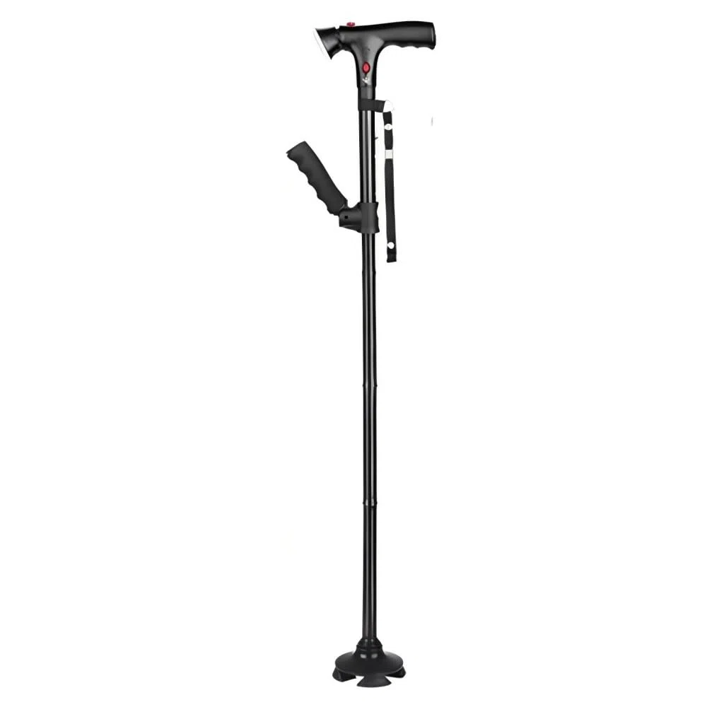 Folding Cane with Led Light and Alarm, Adjustable armrest Cane and Walking Stick, Suitable for The Elderly with buffered T Handle and Pivoting Quad Base for Hiking Mountain Climbing Backpacker