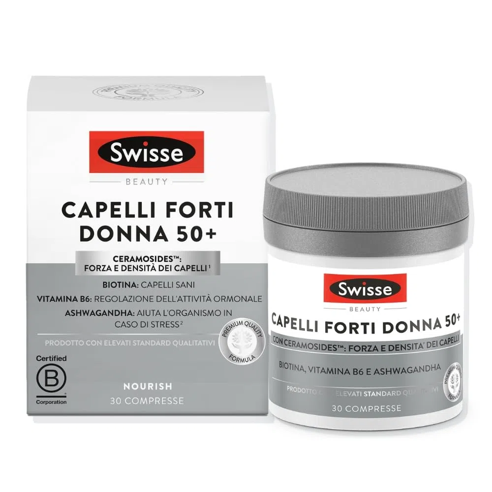 SWISSE Capelli Forti Donna 50+ - Integratore per Capelli Donna con Biotina Ceramosides Vitamina B6-30 Compresse, Pre-Menopausa e Menopausa Integratori Regolazione Attività Ormonale - Made in Italy