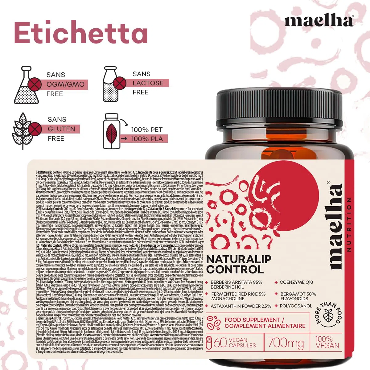Naturalip Control | Integratore Risso Rosso con Monoacolina k, Berberina, Bergamotto, Astaxantina | 60 Capsule | 100% Vegano