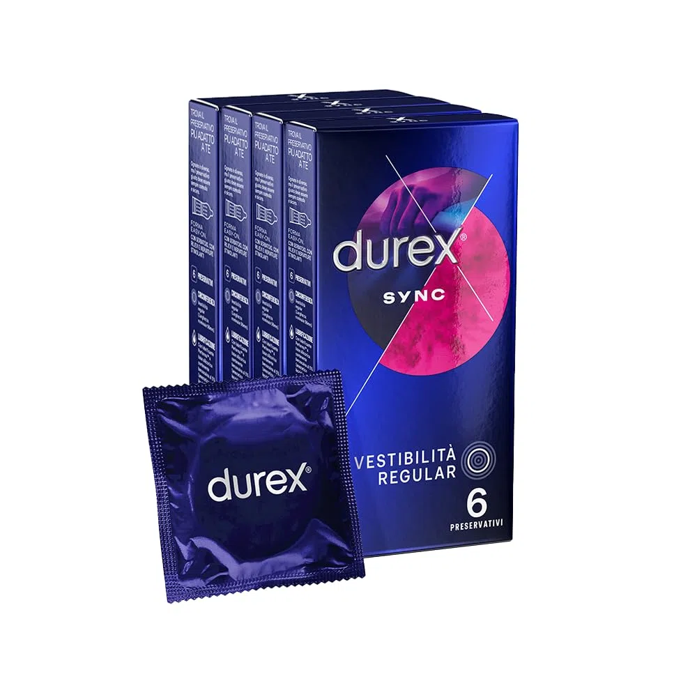 Durex Sync Preservativi Ritardanti per Lui e Con Rilievi e Nervature per Lei, 24 Pezzi