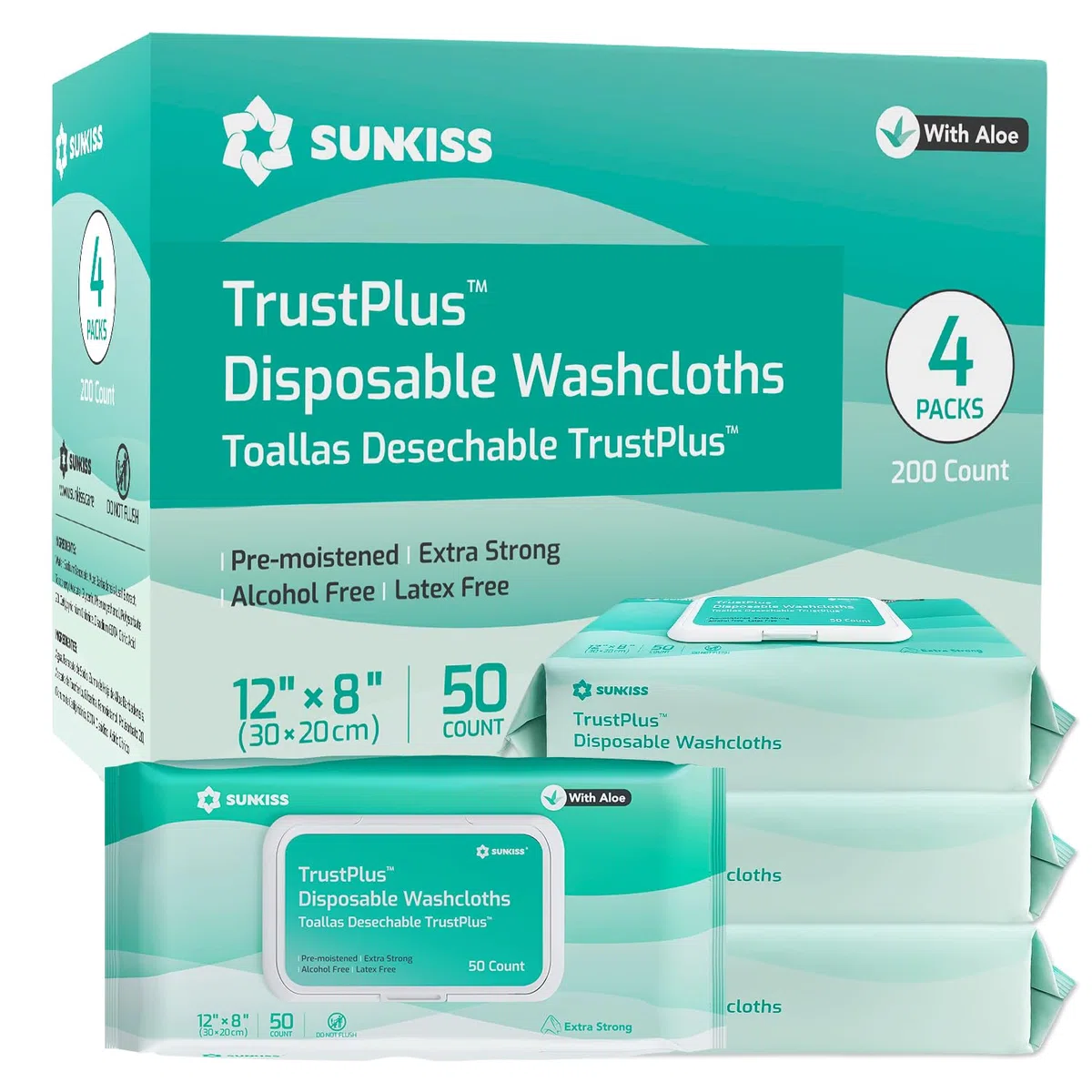 SUNKISS Trustplus Salviette Umidificate per Anziani, Salviettine 20 x 30 cm per Incontinenza per la Pulizia del Corpo con Aloe, 200 Unità (4 Confezioni da 50)