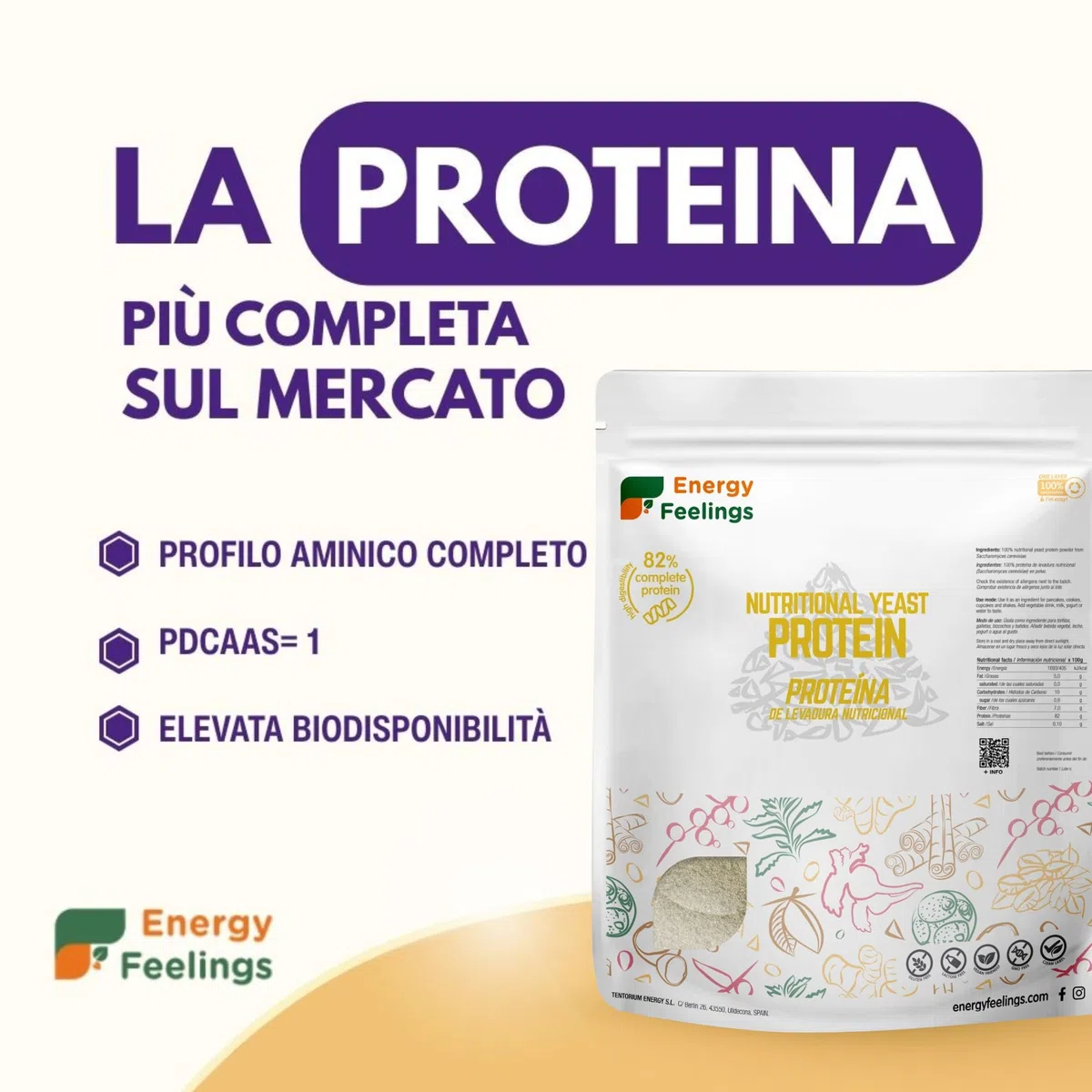 Energy Feelings Proteine in Polvere Vegane di Lievito Nutrizionale 1kg, Proteine Vegetali in Polvere Senza Lattosio e Glutine 82%, Per l’Aumento della Massa Muscolare, Gusto Neutro Senza Aroma