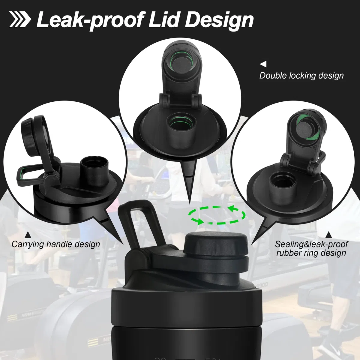 ROCKY&CHAO Shaker proteico in acciaio inox, 700 + 200 ml, con scomparto per polvere, per sport e fitness, albume d'uovo, bottiglia con coperchio a bottone, colore nero