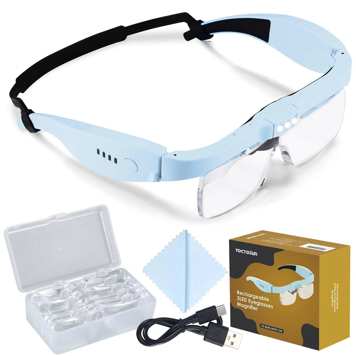 YOCTOSUN Lente d'ingrandimento con 3 luci LED, auricolare con 5 lenti staccabili 0,75x, 1,25x, 2,0x, 3,0x e 4,0x, lente d'ingrandimento per lavori ravvicinati, hobby