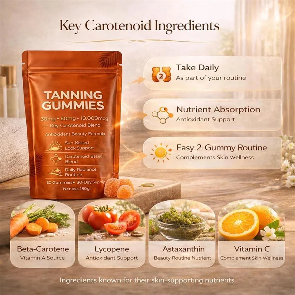 2026 Nuove Gomme Abbronzanti, Gomme Abbronzanti Abbronzatura Veloce Senza Sole, Astaxantina, Miscela di Betacarotene e Licopene con Vitamine C ed E, Migliorano il Tono Naturale della Pelle (2 pezzi)