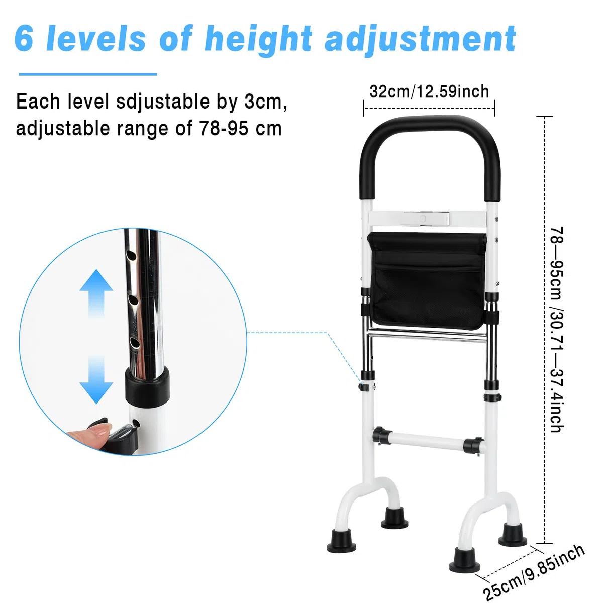Ausili Alzarsi Letto 78-95CM Regolabili Supporto per Alzarsi dal Letto con Luce LED Capacità136KG Ausilio per Stare in Piedi su Divani, Letti, Accanto Alla Toilette per Anziani e Disabili