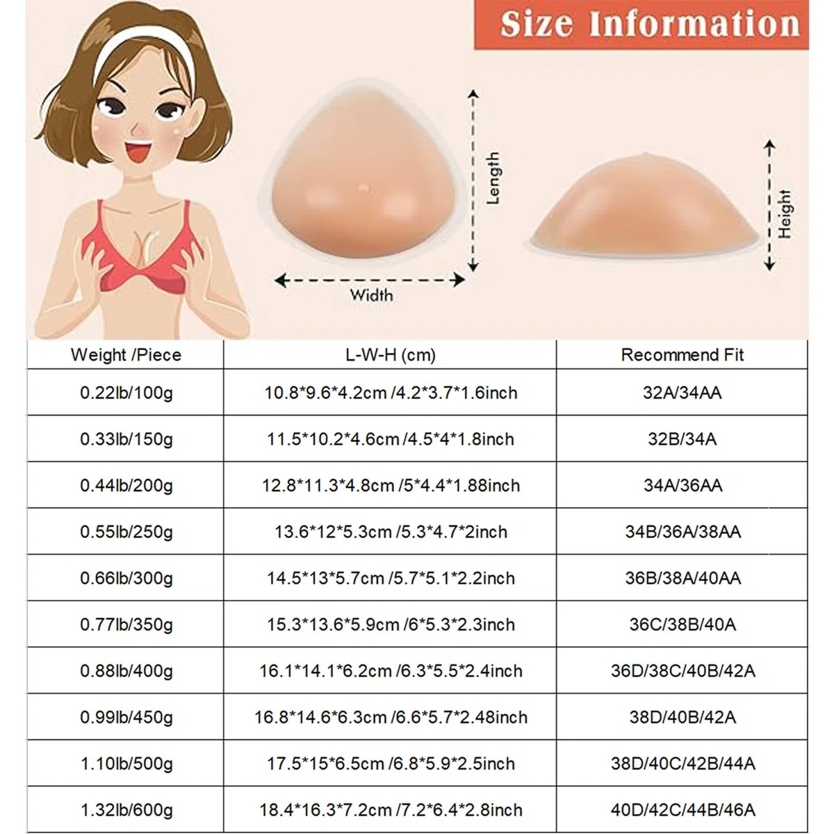Protesi al Seno 100-600g/Pezzo Super Morbido Mammarie in Silicone Autoadesivo Triangolo Forma del Seni per Mastectomia Crossdresser, Transgender, Travestiti(500g/Piece, Nude)