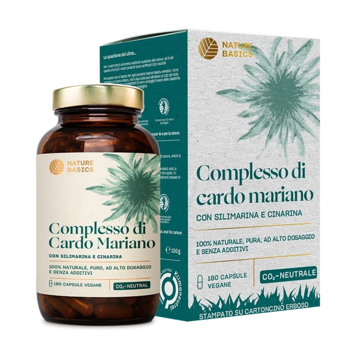 Nature Basics® Capsule di cardo mariano ad alto dosaggio certificato e in barattolo | 180 capsule con 80% di silimarina e 2,5% di cinarina | testate in laboratorio, senza additivi e CO2 neutro