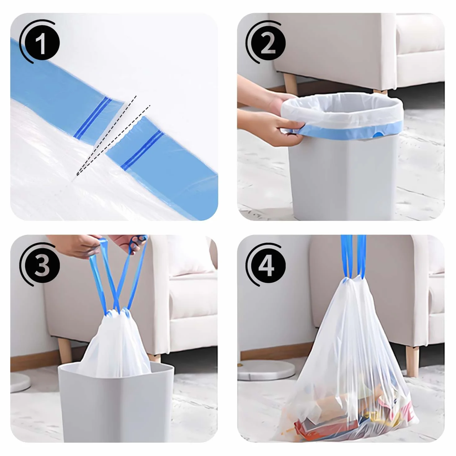 60PCS Sacchi Spazzatura 50L, LxH: 70x75cm, Bianco, Polietilene-Sacchetto Della Spazzatura, UE Adatto per la Maggior Parte dei Medi ''50L'' Pattumiera(6 Rotoli, 10 per Rotolo)