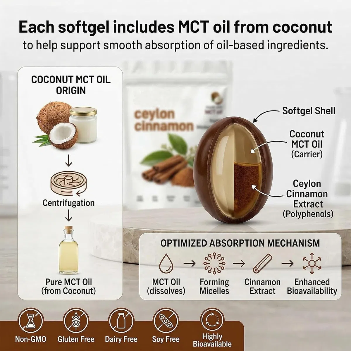 2026 New El-orita Ceylon Cinnamon Softgels con olio MCT, 300 softgel, vero integratore di cannella di Ceylon, non OGM, senza glutine, delicato supporto quotidiano per il benessere (2 pezzi)