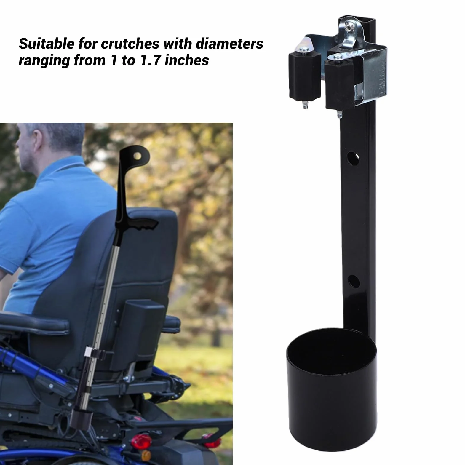 Supporto per Bastoni in Acciaio Inossidabile, per Bastoni e Deambulatori con Diametro da 1 a 1,7 Pollici, con Fessura di Fissaggio e Fori di Drenaggio — Ideale per Scooter