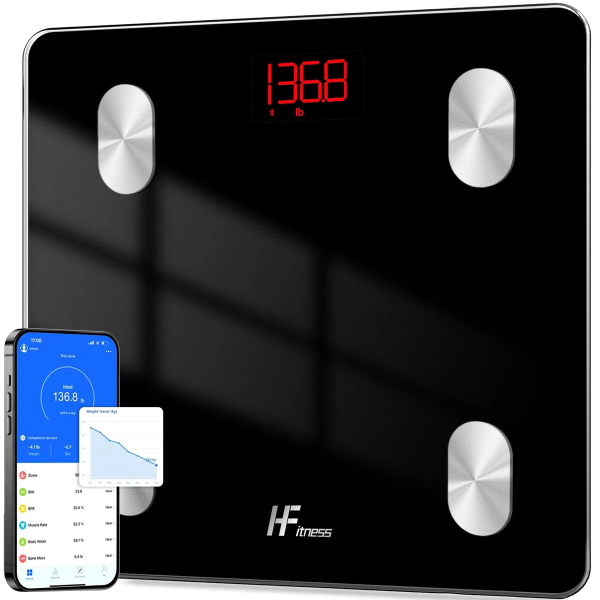 HF Bilancia Pesapersone, con 19 indici di composizione corporea Professionale Impedenziometrica Bluetooth Digitale con App Misura Peso, Massa Grassa, BMI
