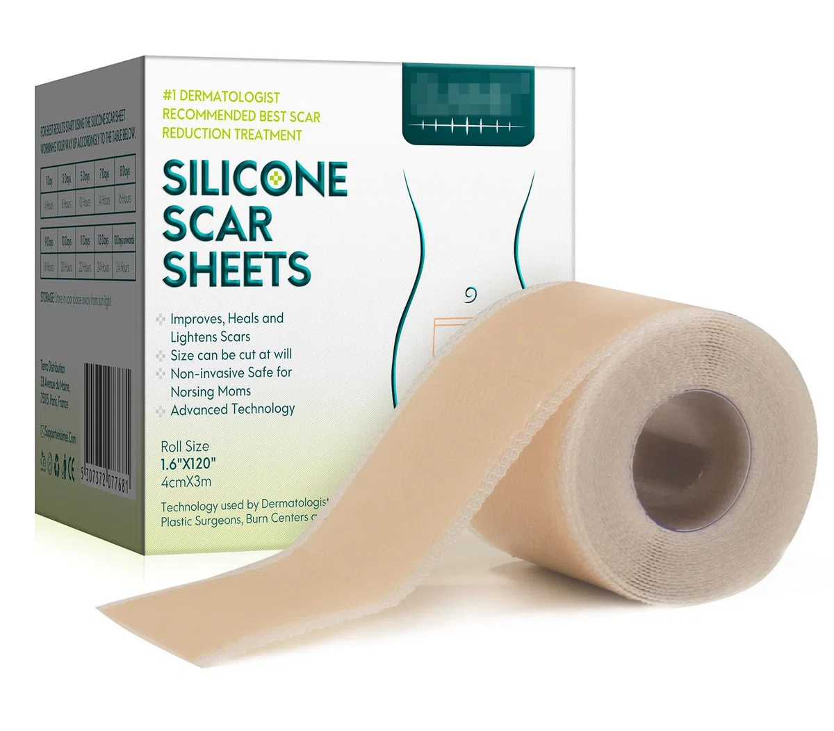 Patch cicatrice in silicone - (1.6 "x 120" rotolo 3M)、Rotolo di nastro cicatriziale in silicone、Striscia di silicone cicatrice、Pellicola professionale per rimozione di cicatrici per taglio cesareo、