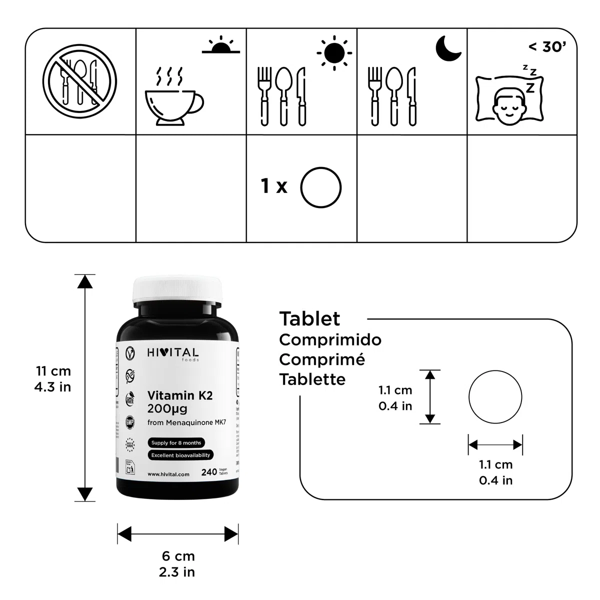 Vitamina K2 MK7 200 mcg. 240 compresse vegane di Vitamina K per 8 mesi di trattamento. 200 mcg di Vitamina K2 Menachinone MK-7. Prodotto in Europa da HIVITAL