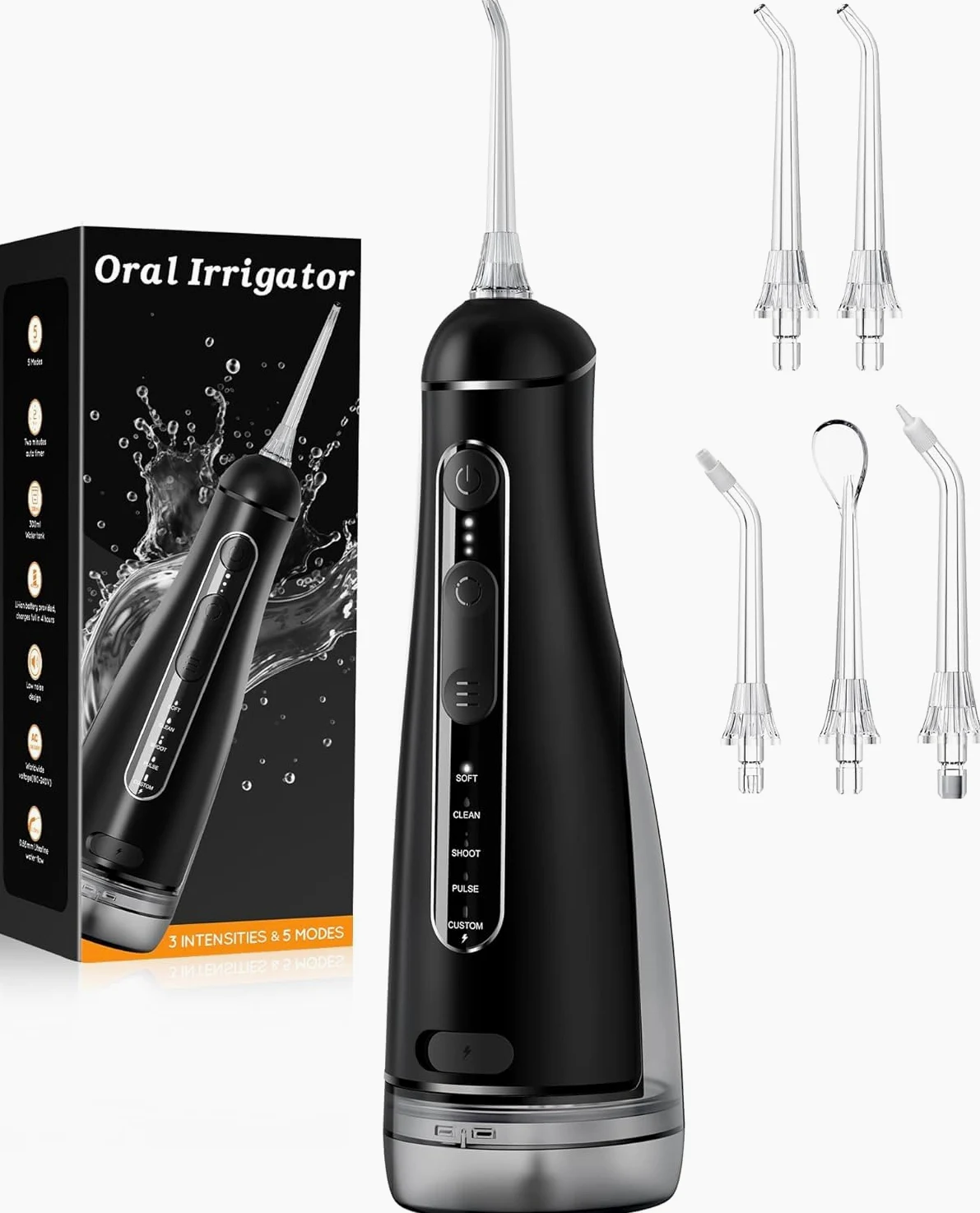 Idropulsore Dentale Portatile DIY, Irrigatore Orale 5 Modalità e 3 Intensità, Irrigatore Dentale Serbatoio 300ML, Ricarica USB, Impermeabile IPX7, Senza BPA, Silenzioso, per Viaggi e Casa
