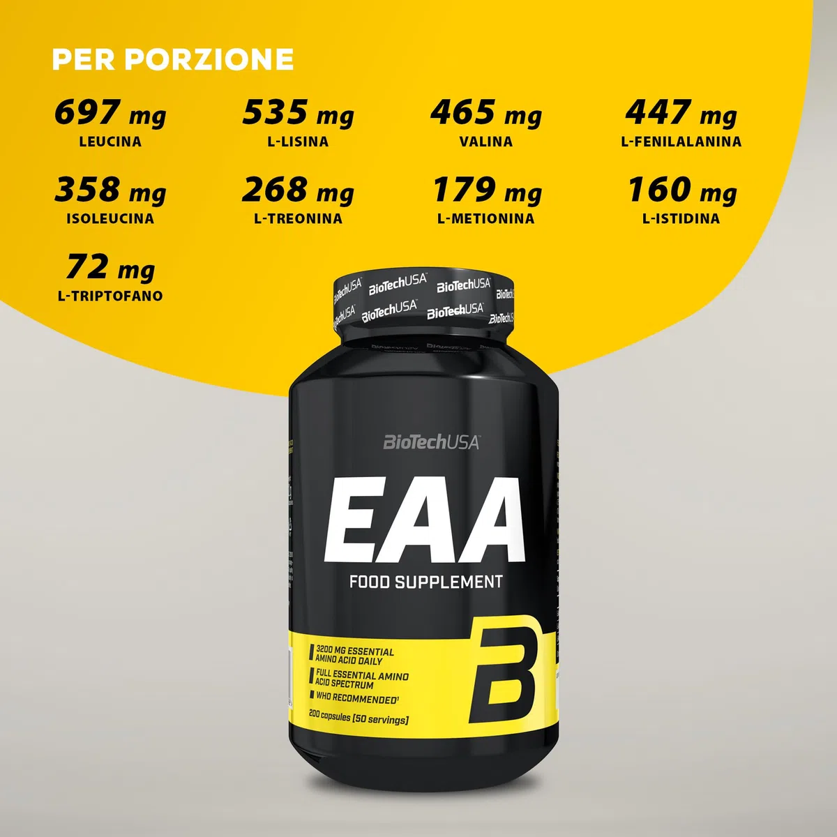 Capsule EAA BioTechUSA | 3200 mg di aminoacidi essenziali, tutti i 9 essenziali | Rapporto raccomandato dall'OMS | 200 capsule
