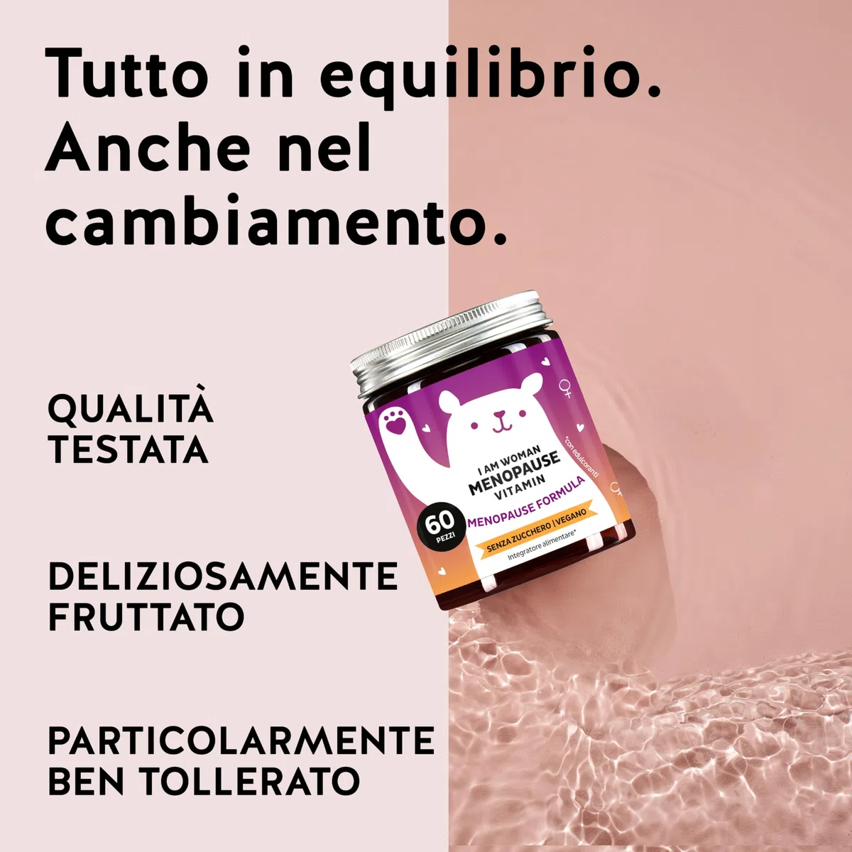 I am Woman Menopause - Complesso vitaminico B per la Menopausa, con Olio di Enotera, Biotina, Selenio, Acido Folico, Zinco - 60 Pezzi, Senza Zucchero, Vegan - Bears with Benefits