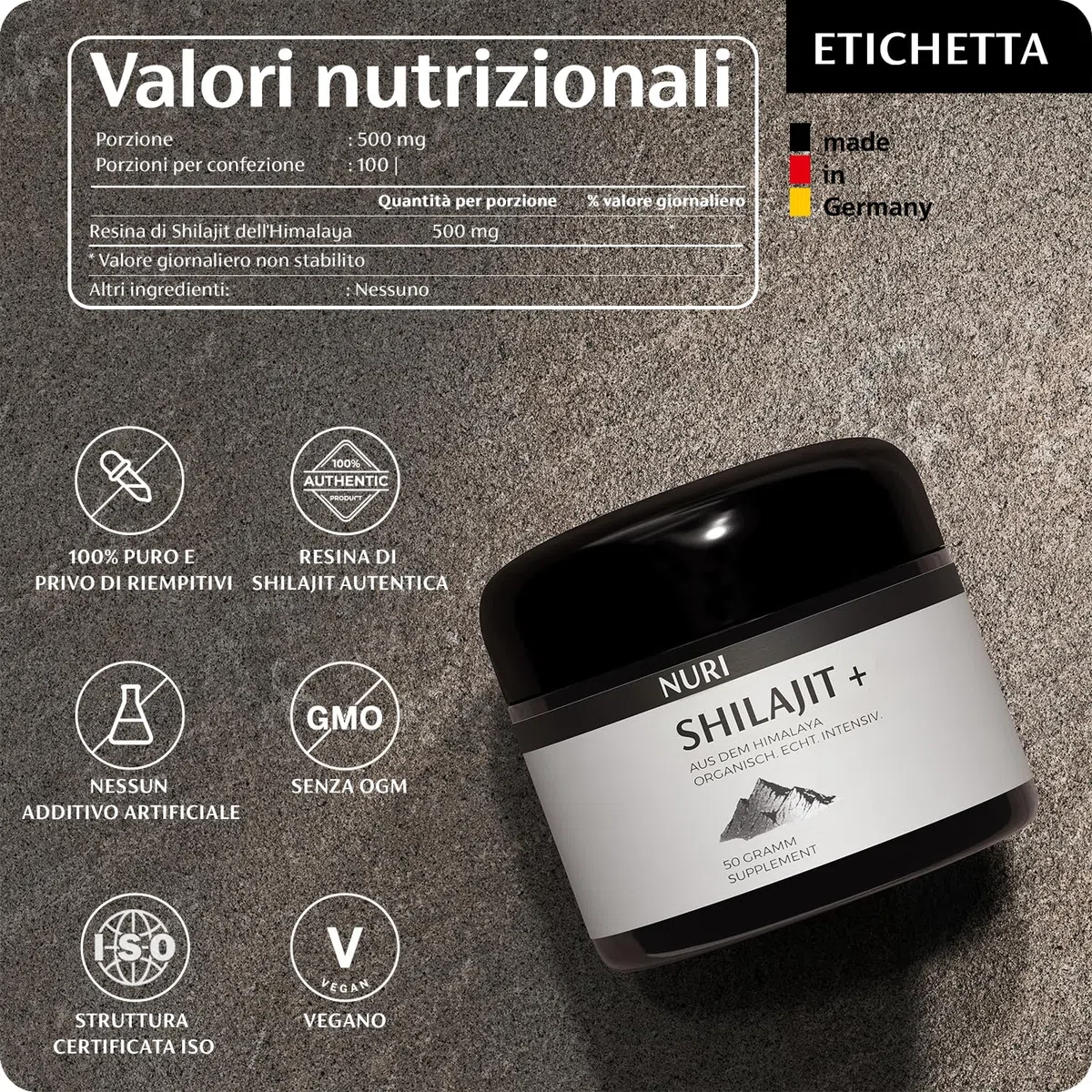 NUOVO su Amazon.it | NURI - Puro Resina di Shilajit dell'Himalaya Biologico Integratore Alimentare | 50 Grammi | Autentico e Naturale | Contiene Acido Fulvico e Oligoelementi