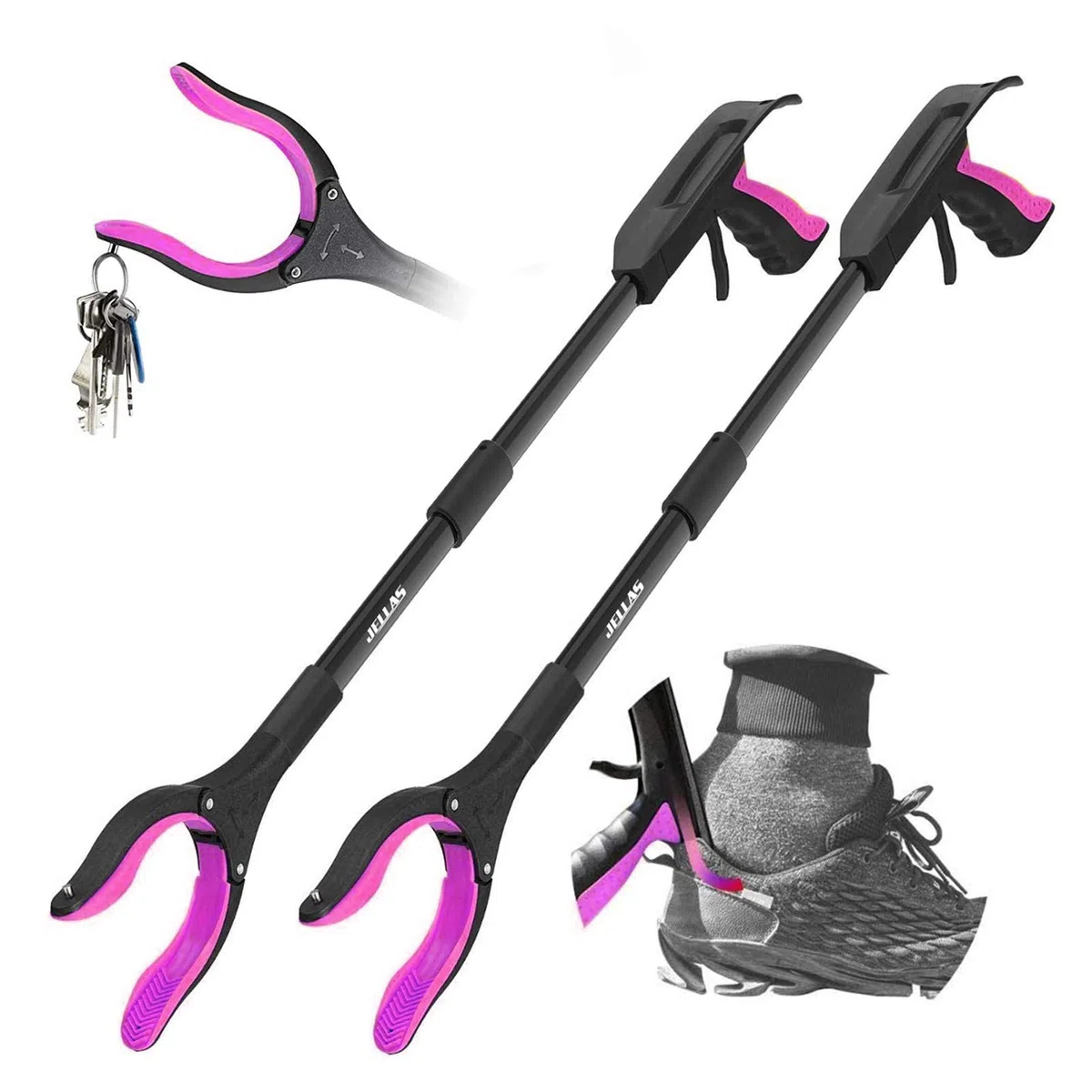 Jellas 2pcs Pinza Telescopica, 80 cm Pinza Telescopica Pieghevole, Pinza Prensile, Raccoglitore di Immondizia, Pinza Morsetto in Gomma (Viola)