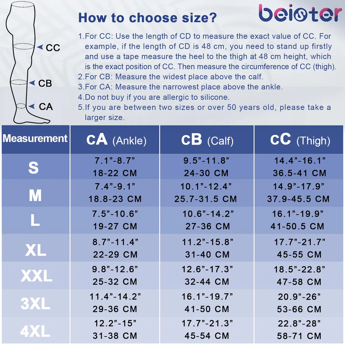 Beister Medical - Calze a compressione a punta chiusa, con fascia in silicone, per donne e uomini, 20-30 mmHg, supporto graduato per vene varicose, edema, volo