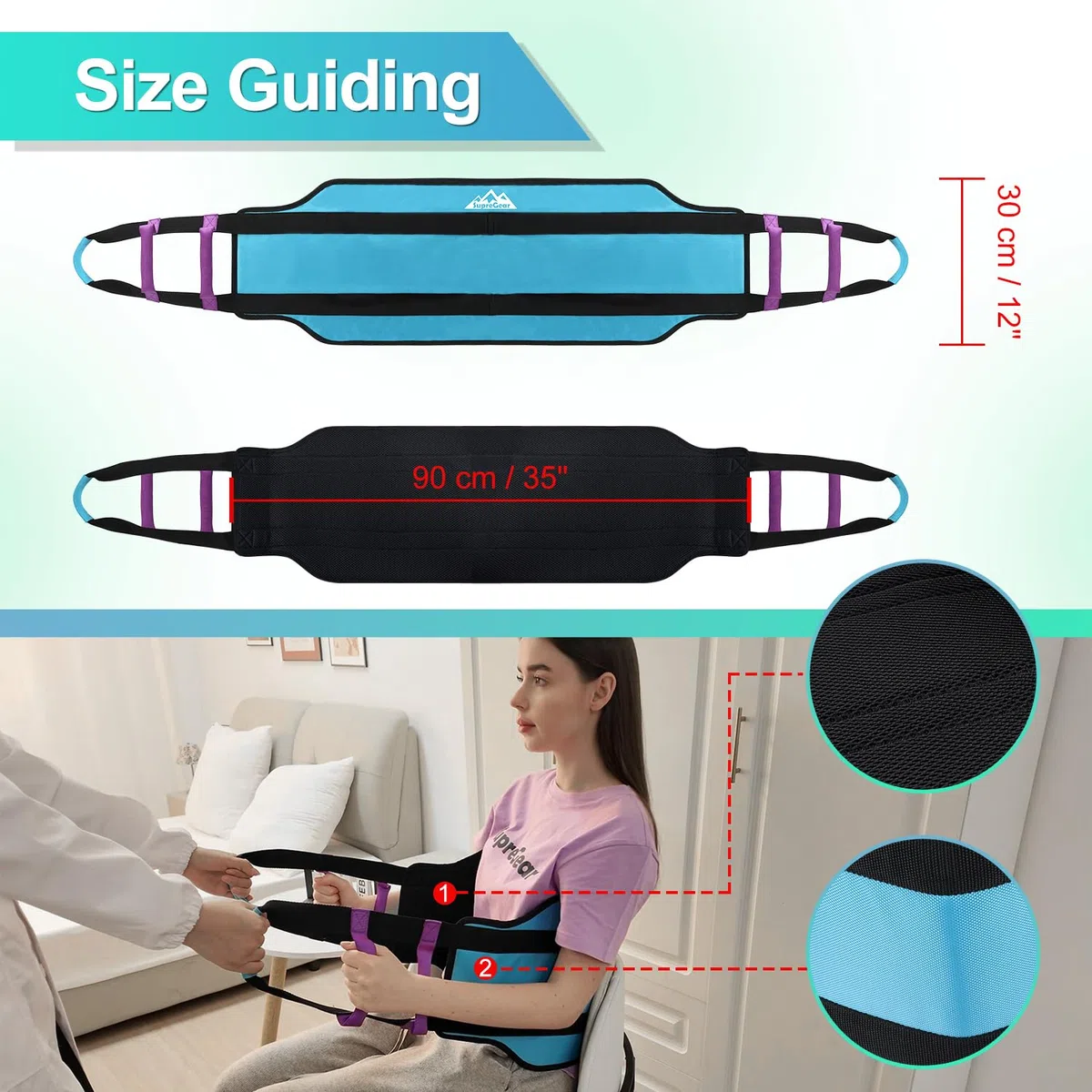 supregear Imbracatura di trasferimento imbottita 90 cm con 6 maniglie, Ausilio per riposizionamento anziani, girare a letto, alzarsi e supporto mobilità quotidiana, Aqua