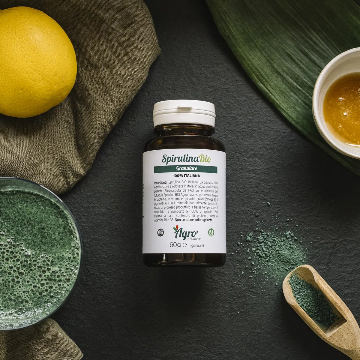 AGROINIZIATIVE - Spirulina Biologica Granulare Naturale Made in Italy, Superfood Ricco di Proteine Ferro e Vitamine, Integratore Vegano Energia, Detox e Benessere