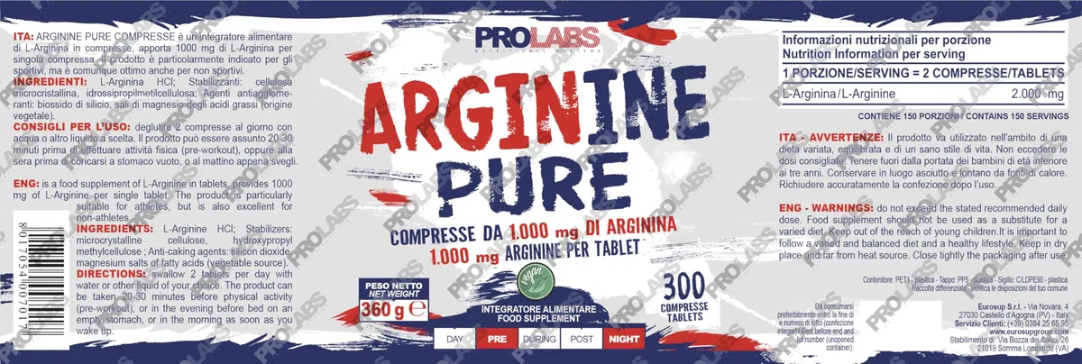 PROLABS – Arginina Arginine Pure (1000mg x Compressa) ad Alto Dosaggio, Integratore di Pura L-Arginina di Alta Qualità Pre Workout, Supporta GH e Pump Muscolare - Integratori 100% Vegan, 300 Compresse