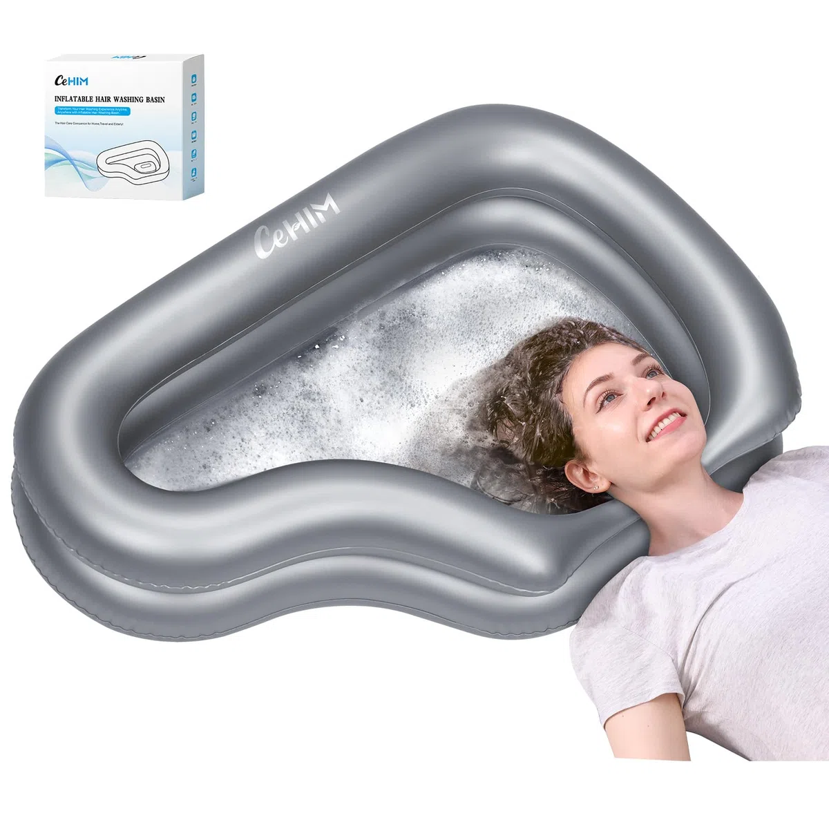 Bacino gonfiabile portatile per shampoo, ciotola per lavare i capelli, per disabili, per uso domestico (argento)