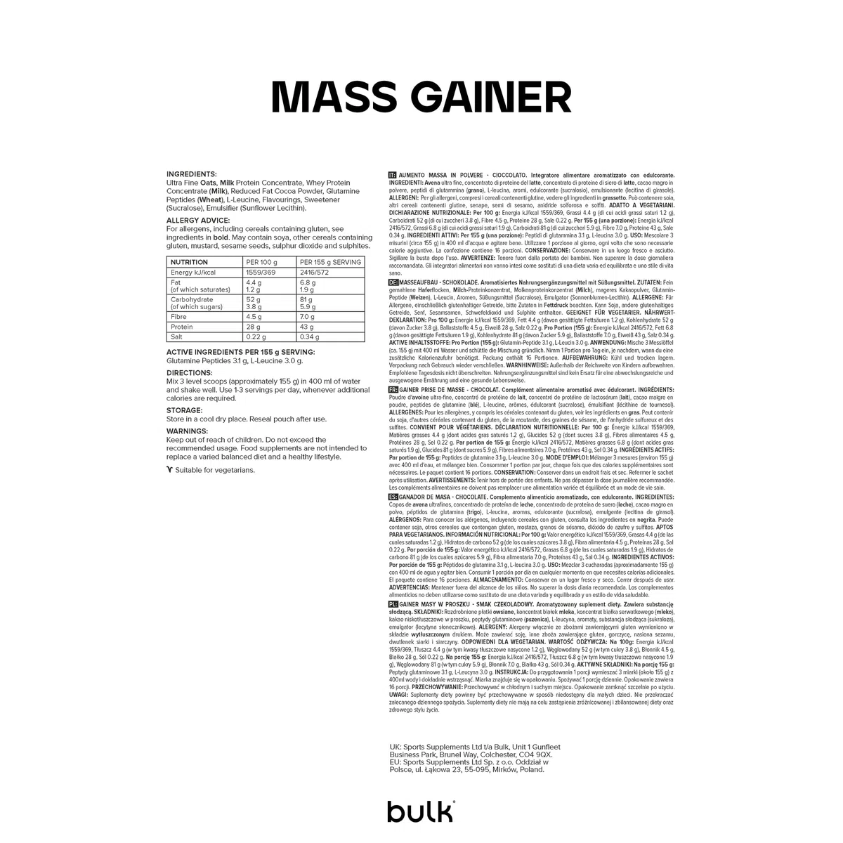 Bulk Mass Gainer Completo | Cioccolato | 16 porzioni | 43g proteine per porzione | 81g carboidrati | 500 kcal per porzione | Gainer ipercalorico | Supporta crescita e mantenimento muscolare