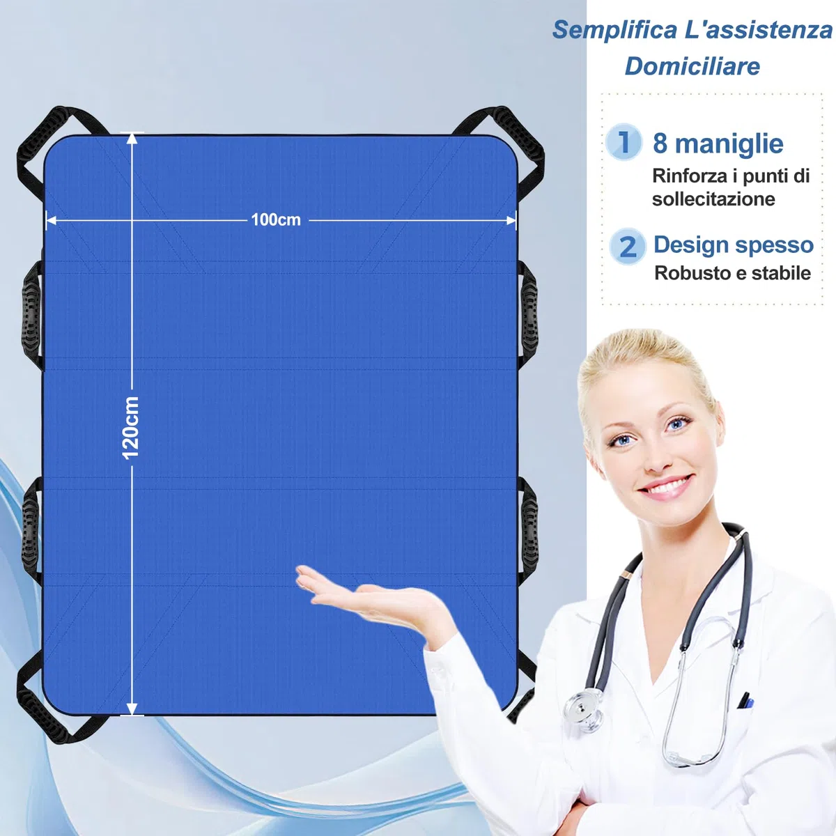 Telo Scivolamento per Anziani 100 * 120cm, Foglio Di Trasferimento per Pazienti con 8 Maniglie, Cinghia di Trasferimento per Persone in Sovrappeso e Disabili e Sollevatori e Allettati