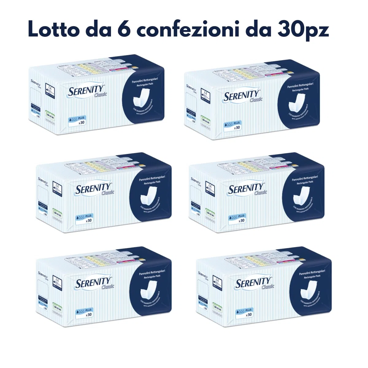 6 x SERENITY 30 Pannoloni Rettangolari Classic Con Barriera 30 PEZZI