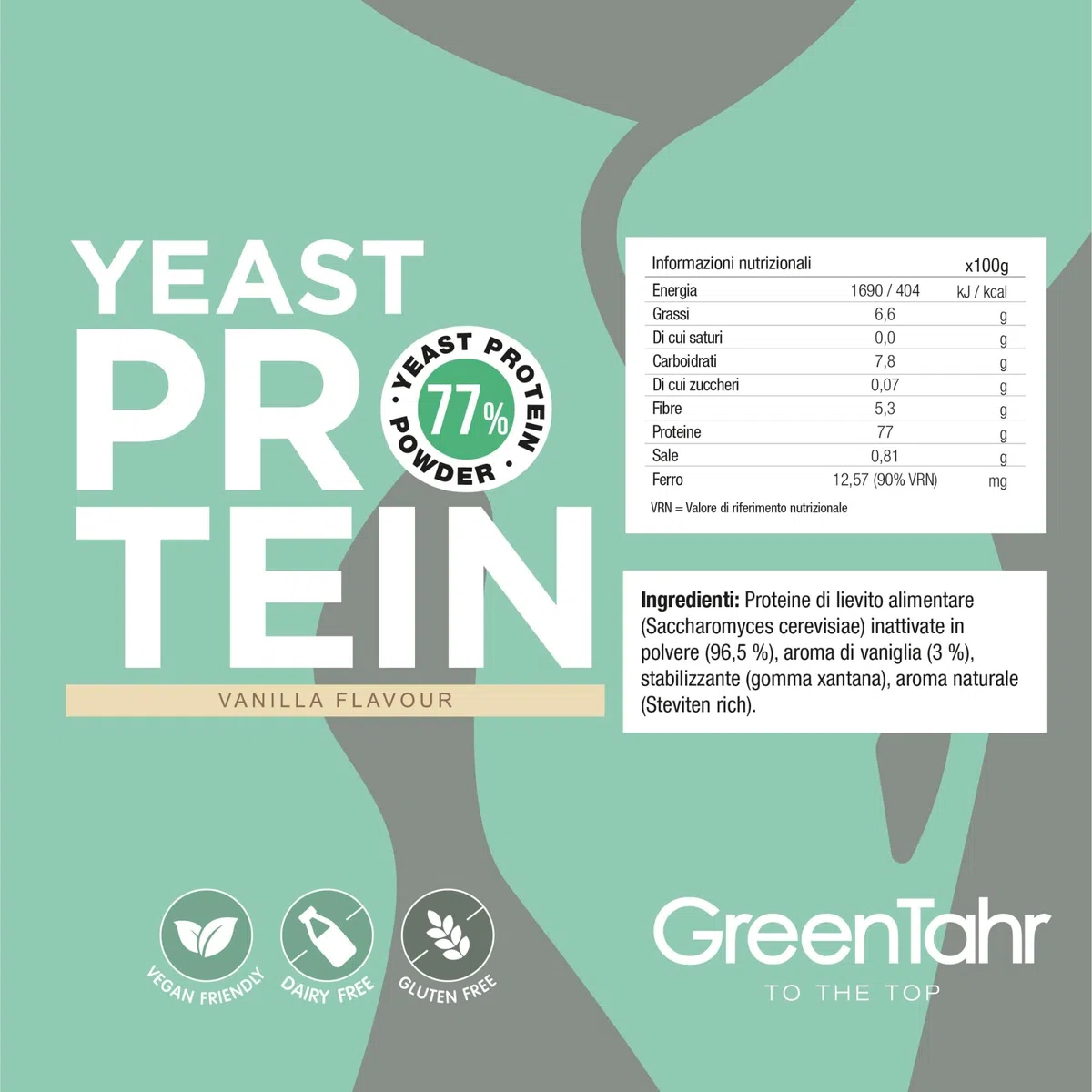 Green Tahr Proteine Vegane in Polvere di Lievito Nutrizionale Inattivo con Aroma di Vaniglia 750g. 77% Proteine per Aumento Massa Muscolare, Origine Non Animale, Senza Zucchero Aggiunto né Glutine