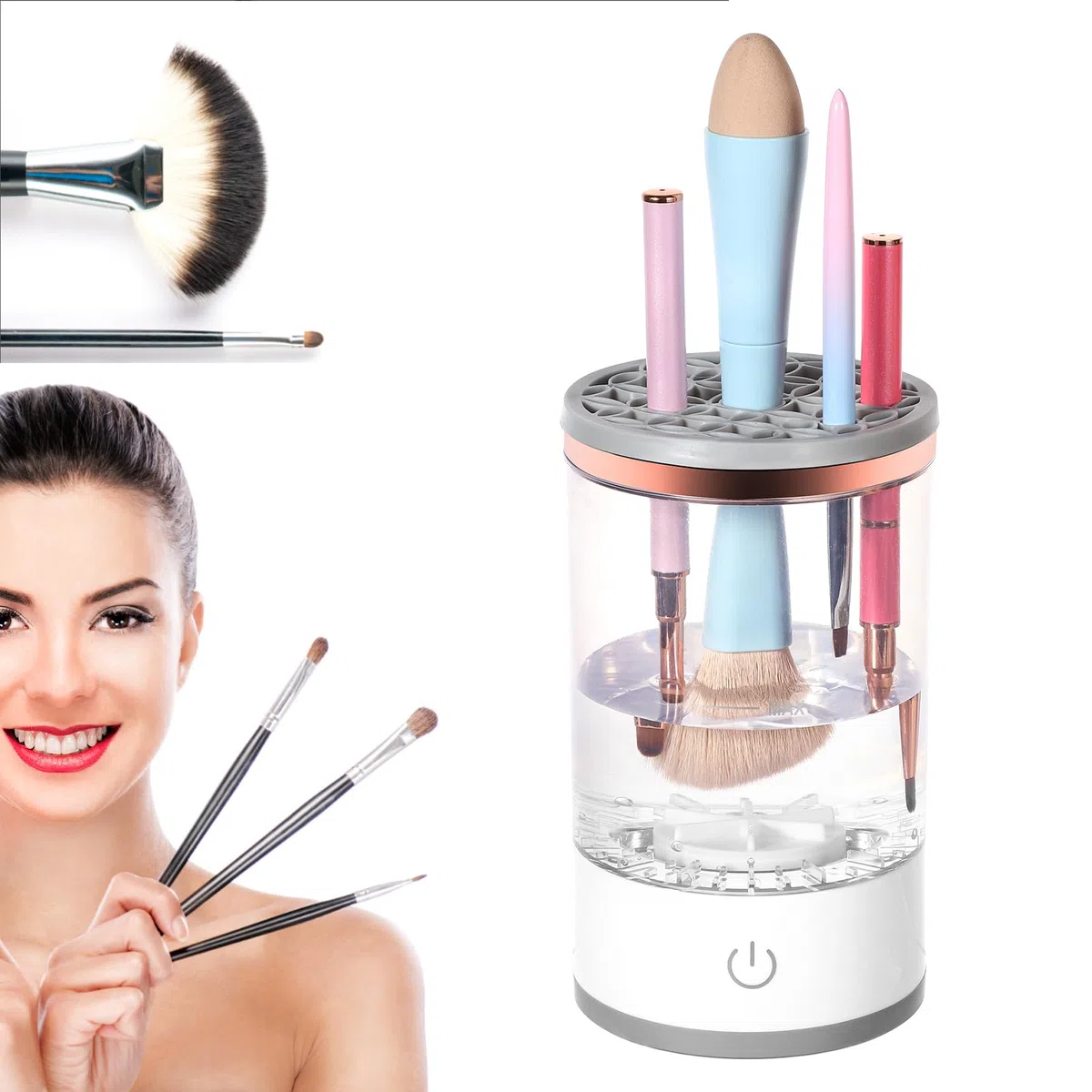 Pulitore Pennelli Trucco Elettrico, Macchina Pulisci Pennelli Cosmetici Bianca con Cavo USB Strumento Lava pennelli Trucco Portatile Rotazione Automatica per Pennelli Trucco Tutte Dimensioni