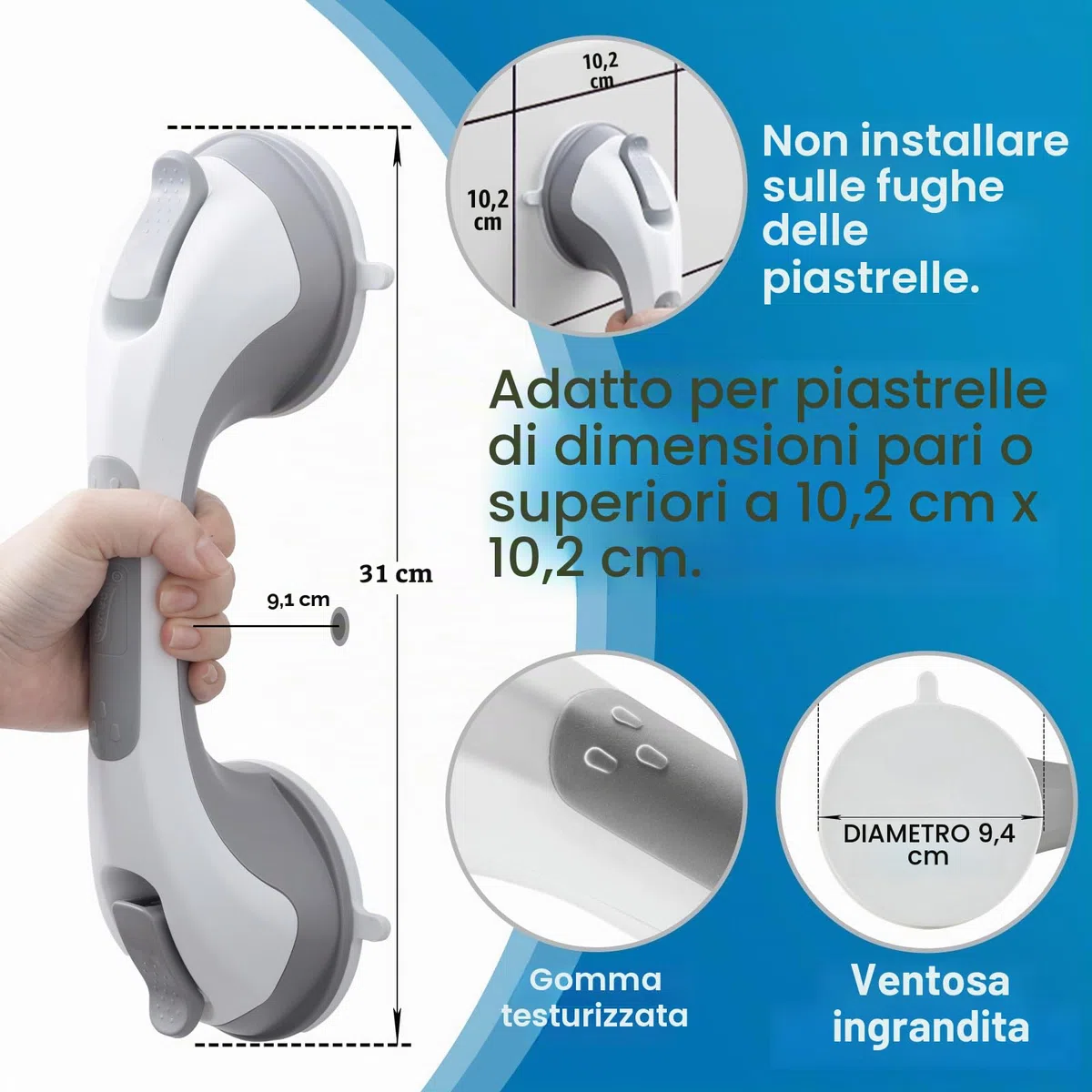 LEVERLOC Maniglie Doccia per Bagno 31 CM, MAX 110 KG Maniglione a Ventosa, Impugnatura di Sicurezza per Anziani, Disabili, Resistente, Senza Foratura e Corrimano Rimovibile Handy Grasp Pro, Grigio
