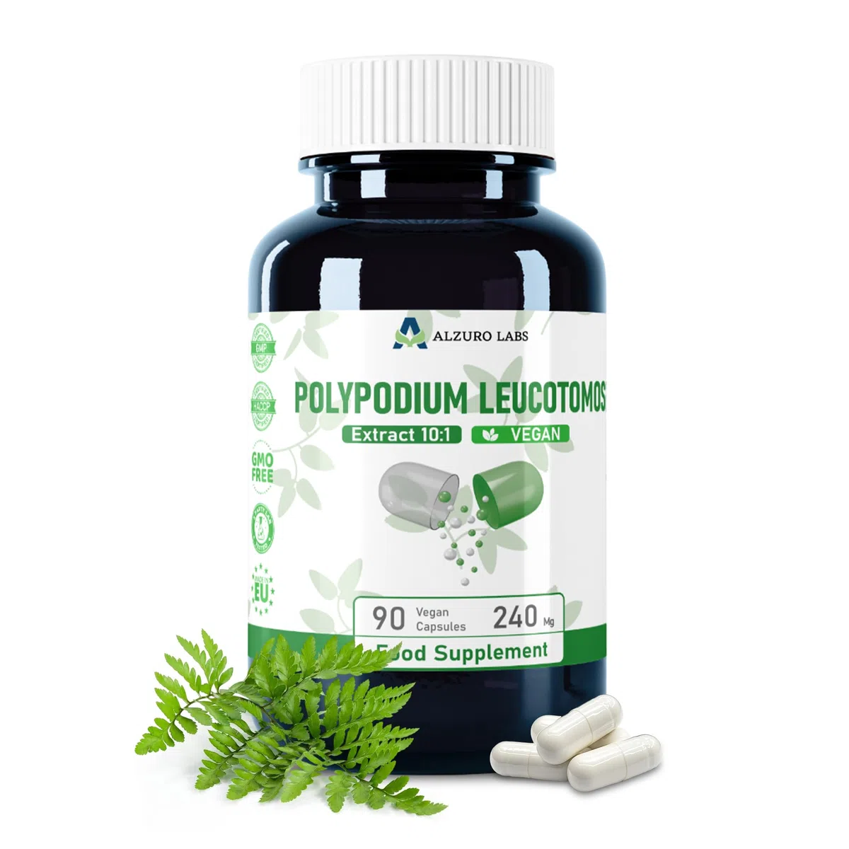 Polypodium Leucotomos | 2.400 mg Equivalente | Estratto di Fougère 10:1 240 mg | 90 Gélules Véganes | GMP & Testato da Laboratorio Indipendente