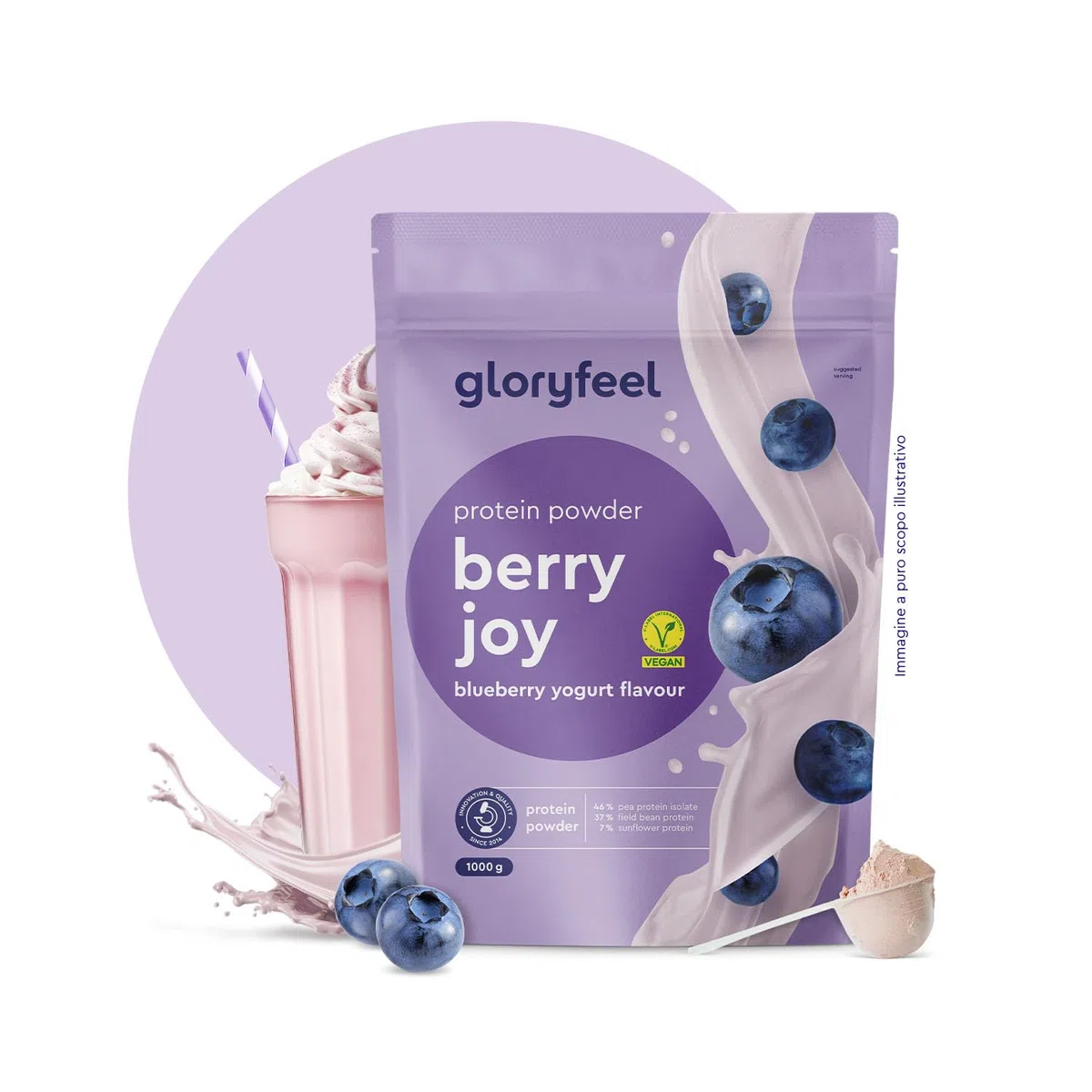 Proteine Vegane in Polvere Gusto Mirtillo - 1kg Proteine Vegetali - 33 Porzioni da 21g di Proteine - senza Soia - da Proteine in Polvere di Pisello, Fava e Girasole - 100% vegan e senza Glutine