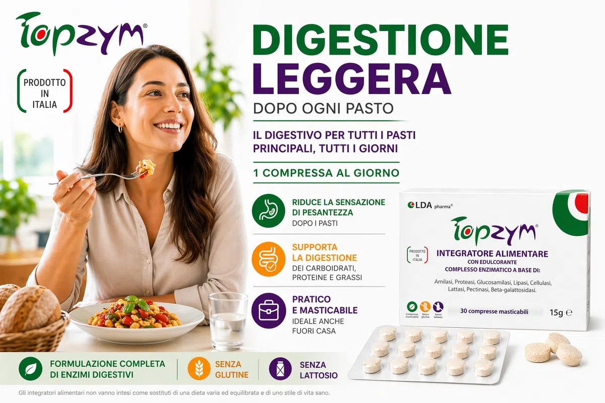 Topzym Enzimi Digestivi Completi – Integratore Digestivo Naturale per tutti i giorni - contro il Gonfiore Addominale - Digestione Rapida e Leggera - Kit 2 Confezioni
