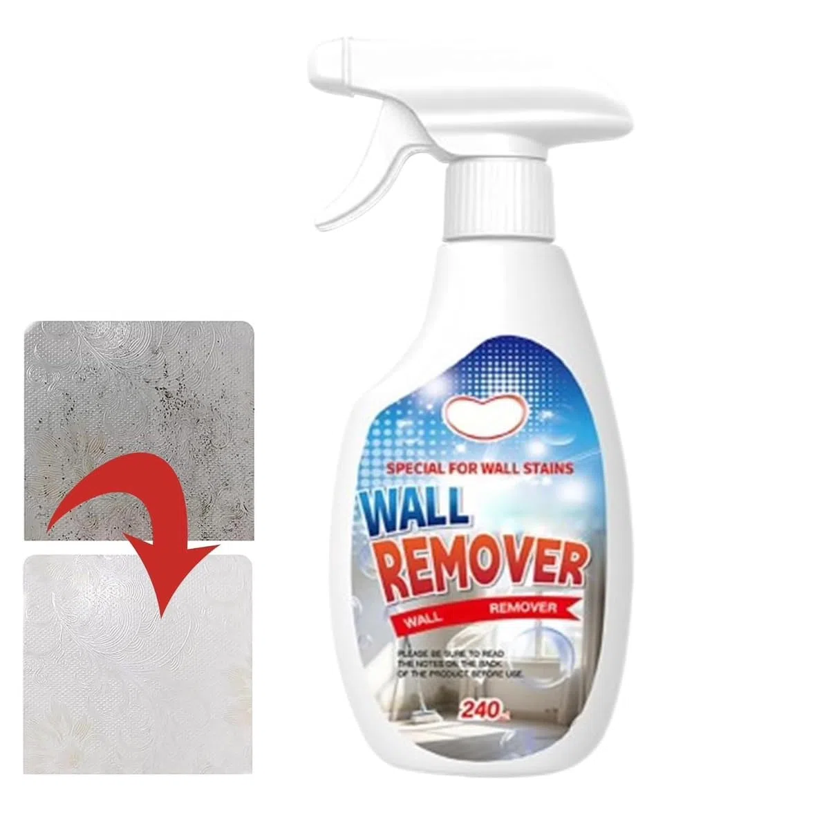 Spray Rimuovi-Macchie per Pareti, Smacchiatore Specifico per Muri Bianchi, Potente Elimina-Odori,Senza Sfregamento, Protezione a Lunga Durata, 240 ml, Sicuro per Carta da Parati (1 pezzo)