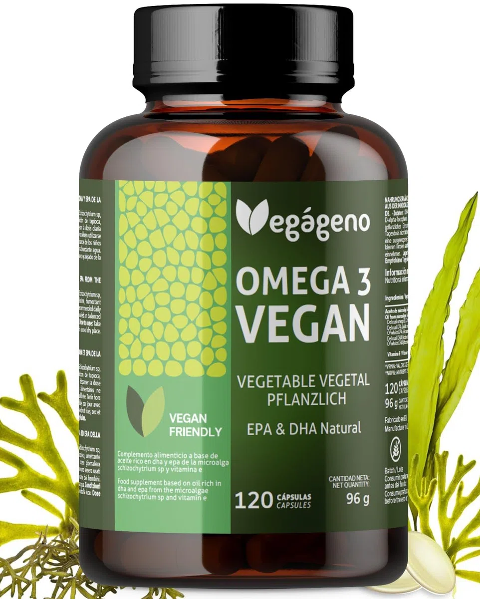VEGAGENO Omega 3 Vegan – Olio di alghe 2000 mg di origine vegetale con 600 mg di DHA e 300 mg di EPA per dose giornaliera – 120 capsule – Senza glutine – Non OGM – In forma di Trigliceride
