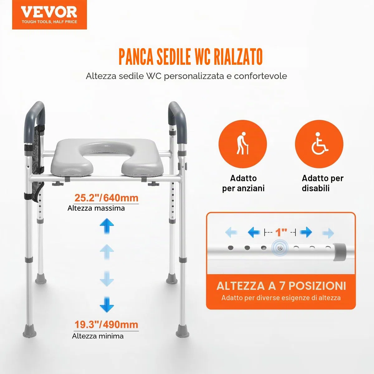 VEVOR Sedile WC Rialzato, Altezza Regolabile tra 49,9 a 64,9 cm, Portata max. 158 kg, Telaio in Alluminio Imbottito, Sedile WC Rialzato Universale, per Anziani, Disabili, Incinte, Ausilio da Bagno