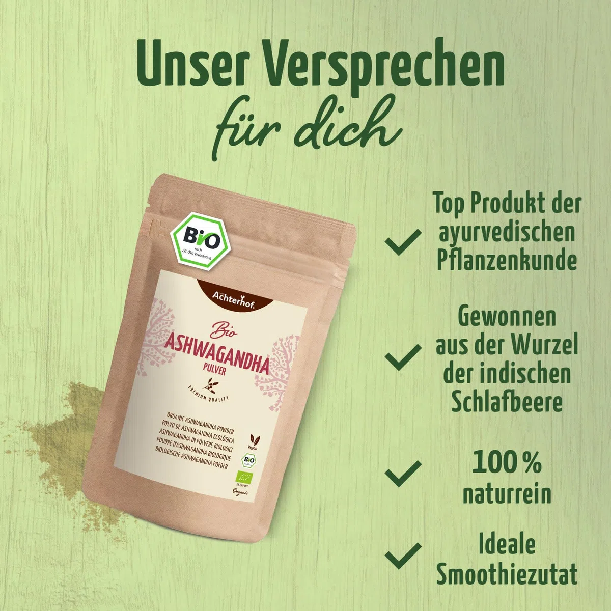 Ashwagandha in polvere BIO 500g | vera radice di ashwagandha macinata dall'India | ginseng indiano | Ayurveda | ideale da aggiungere a frullati, succhi e latte d'oro | vom Achterhof