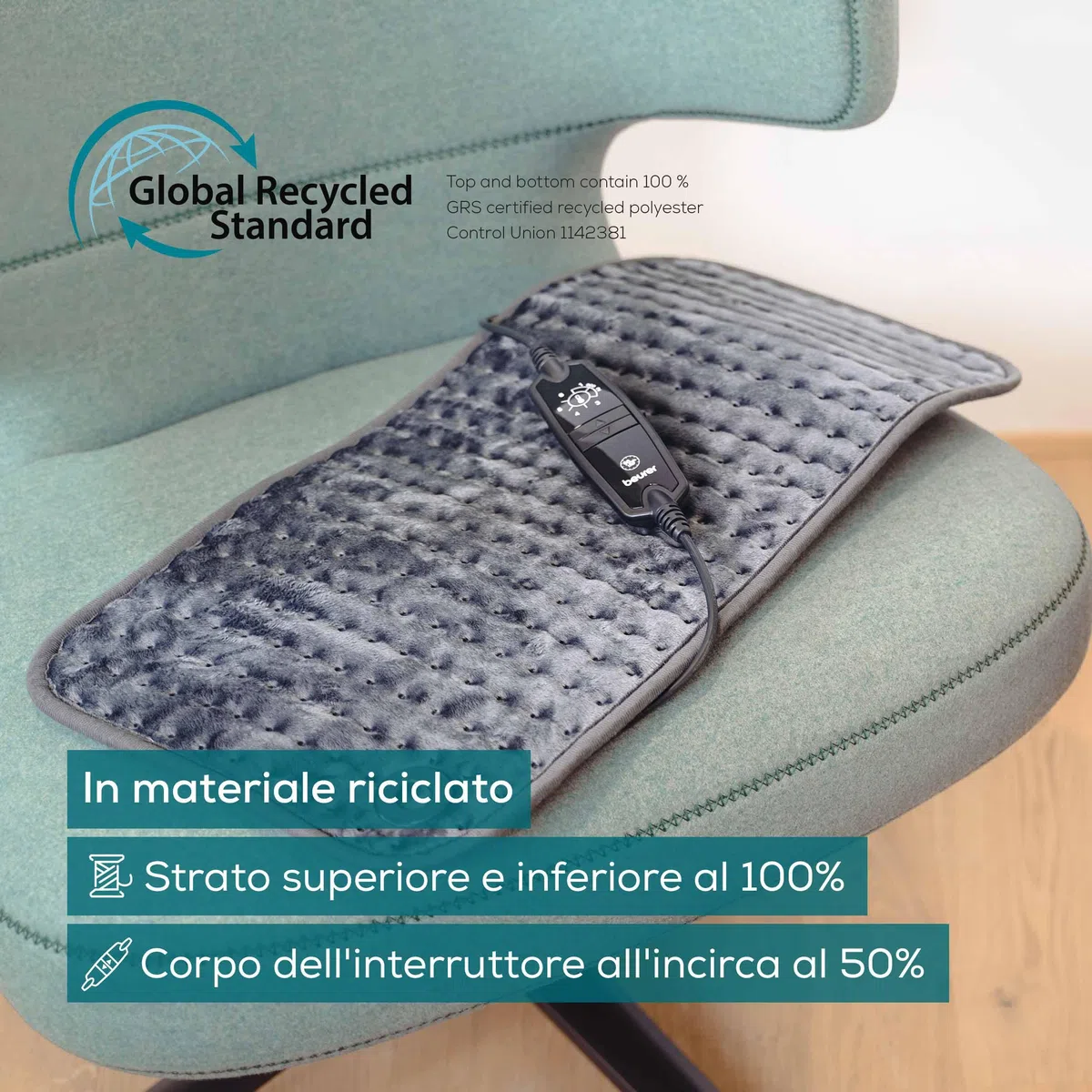 Beurer Termoforo HK 123 XXL Cosy Grey Termoforo traspirante a riscaldamento rapido in formato XXL 60 x 30 cm della serie Green Planet, Grigio in materiale riciclato