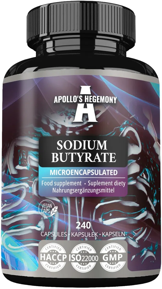 Sodio butirrato ad alto dosaggio 570 mg (30% di acido butirrico), 240 capsule vegane, 240 giorni di fornitura, integratore per sostenere la rigenerazione della barriera intestinale - Apollo's Hegemony
