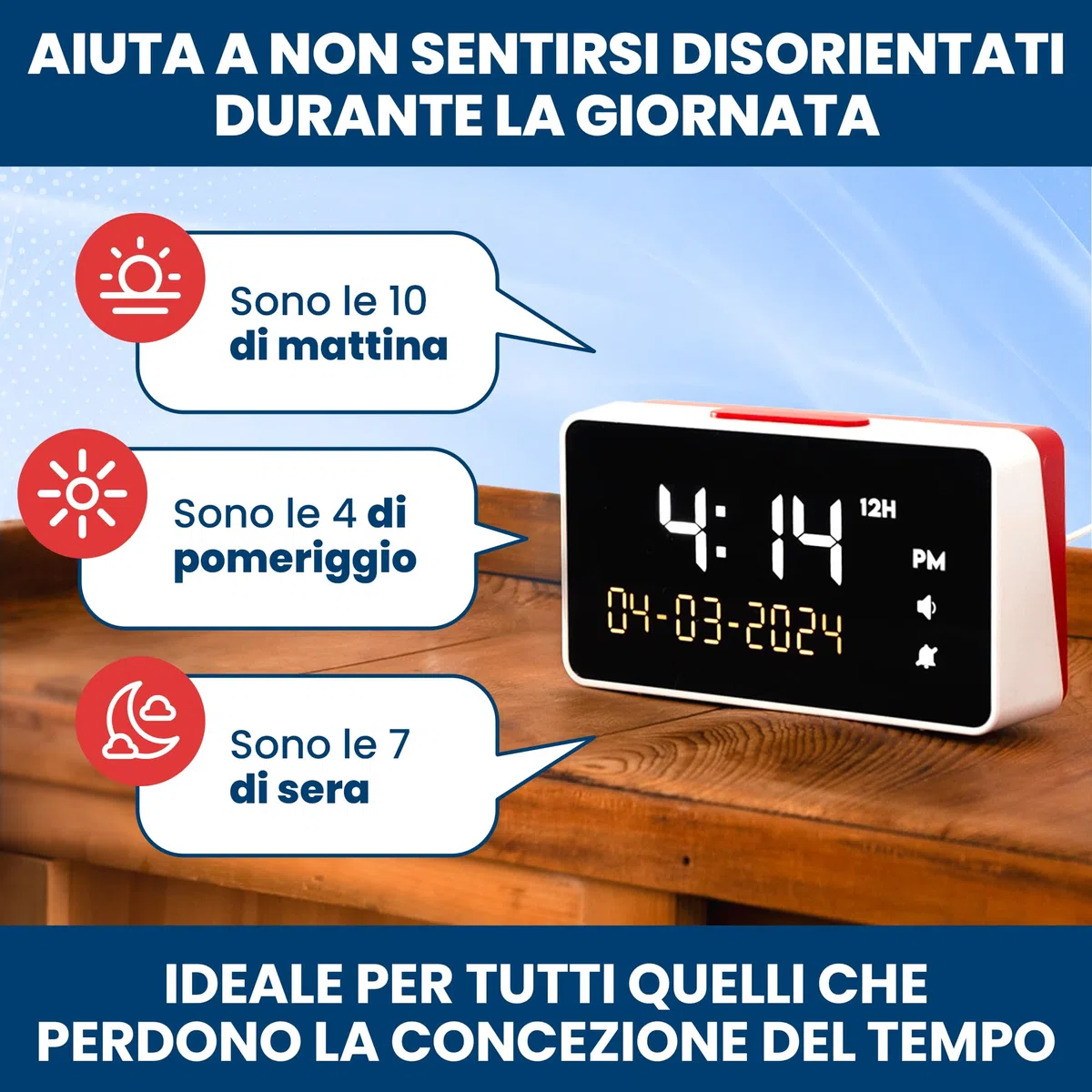Top Life Sveglia Parlante - Volume Extra Alto - per Anziani, Ipovedenti, Ciechi, Malati di Alzheimer - Orologio a 12 o 24 ore - Sveglia con Cifre Grandi, Voce Italiana