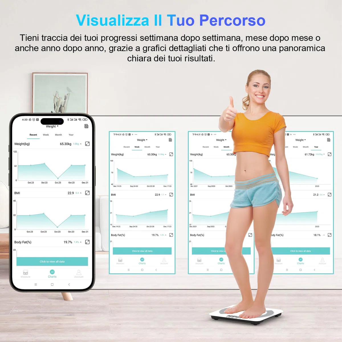Healthkeep Bilancia Impedenziometrica Professionale, Bilancia Pesapersone Digitale 4 Elettrodi con App, Analizza Massa Grassa, Muscoli, BMI, 13 Misurazioni, Max 180 kg
