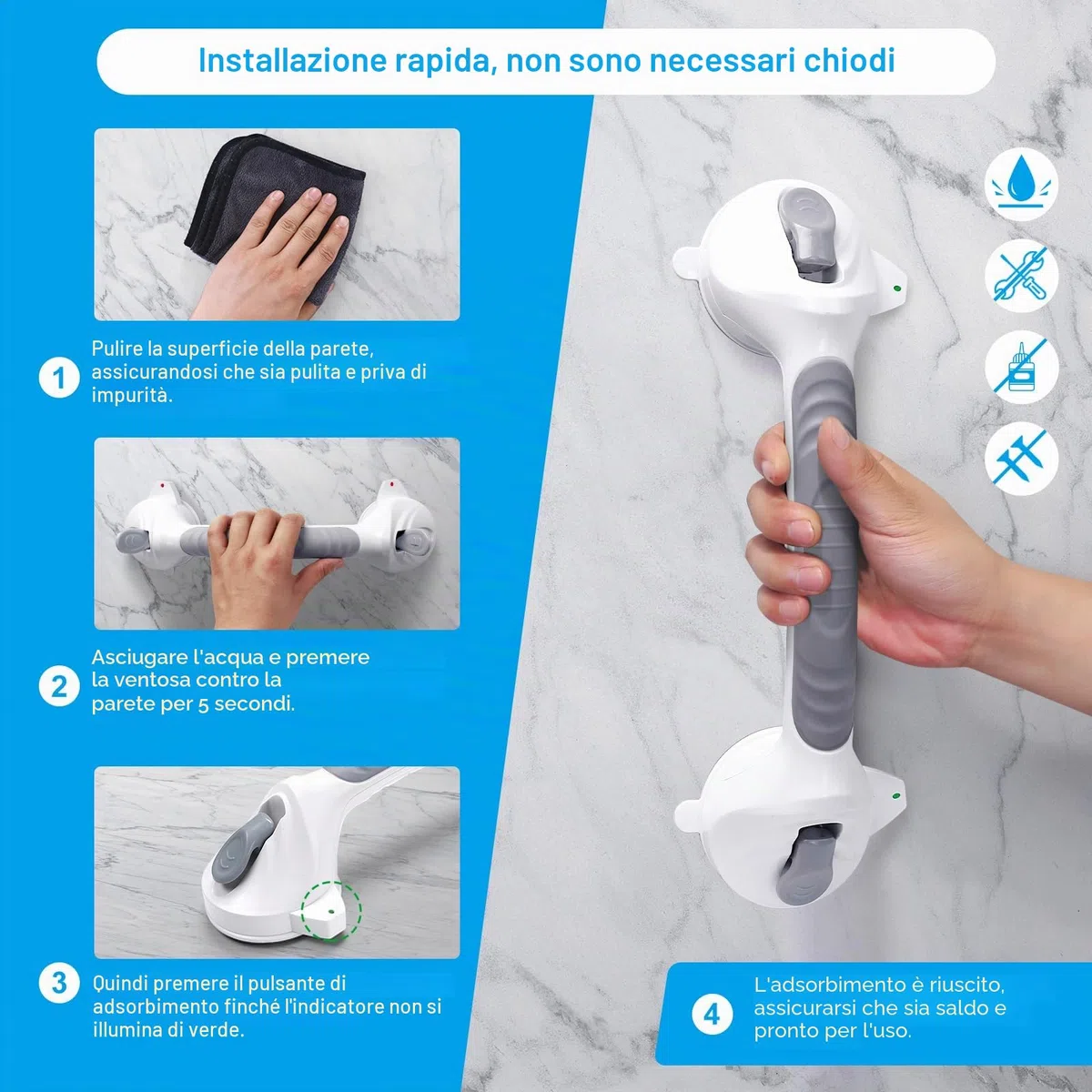 2* maniglie per doccia senza fori, 38 cm, per anziani, con ventosa fino a 110 kg, maniglia per vasca da bagno con allarme di aspirazione, maniglia portatile per doccia scivolo, grigio