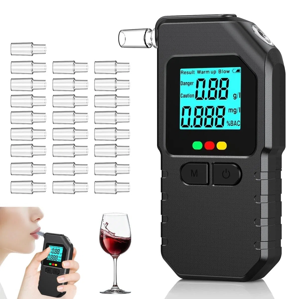 Alcol Test Portatile,Un'elevata Precisione Alcol Test,Etilometro Portatile Certificato,Doppio Sensore Alcol Test,con Display Digitale LCD,25 Boccagli,per Uso Domestico e Professionale
